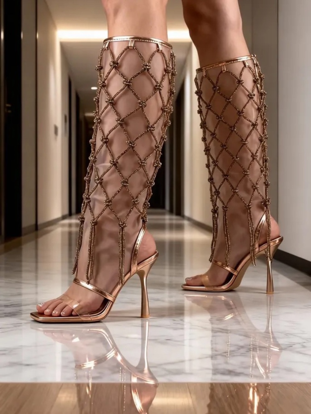 Women's Rose Gold Rhinestone Net Knee-High Heels, 10